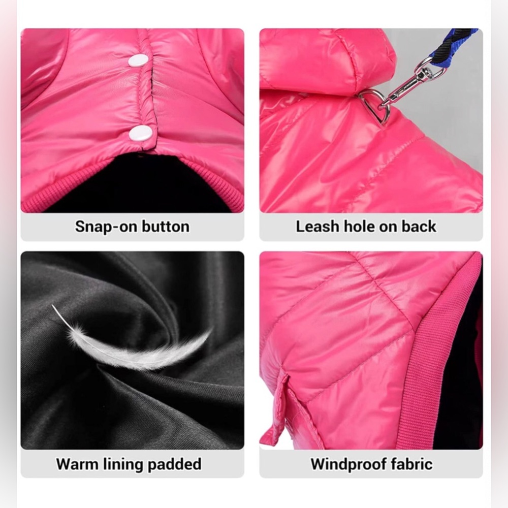 “Pink Dog Puffer Jacket” Fur Hood Warm Winter Wind/Waterproof Cat Pet Lined Coat - Picture 4 of 9
